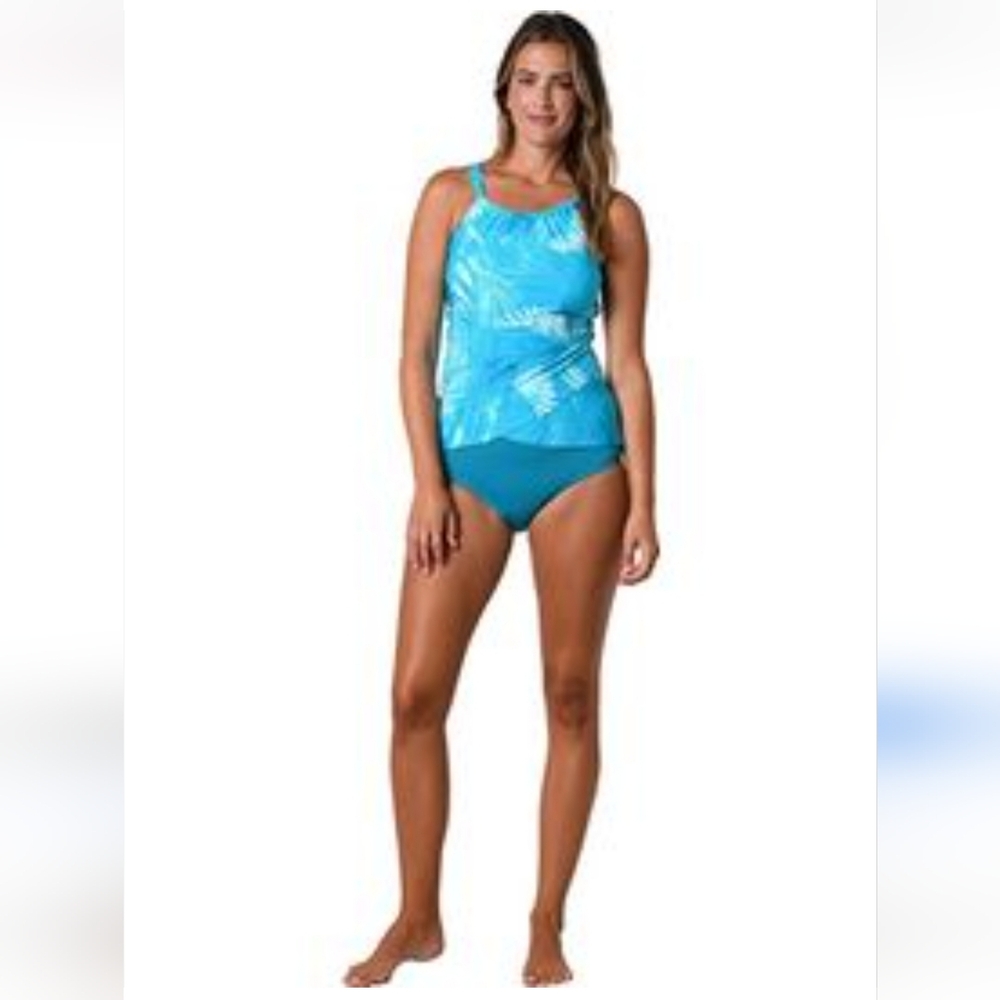 Jantzen Green Blue Tropical Print 2 Piece Tummy Control Swimwear Size 8 New